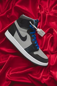 High-top sneaker with blue laces on vibrant red fabric, showcasing modern fashion and style.