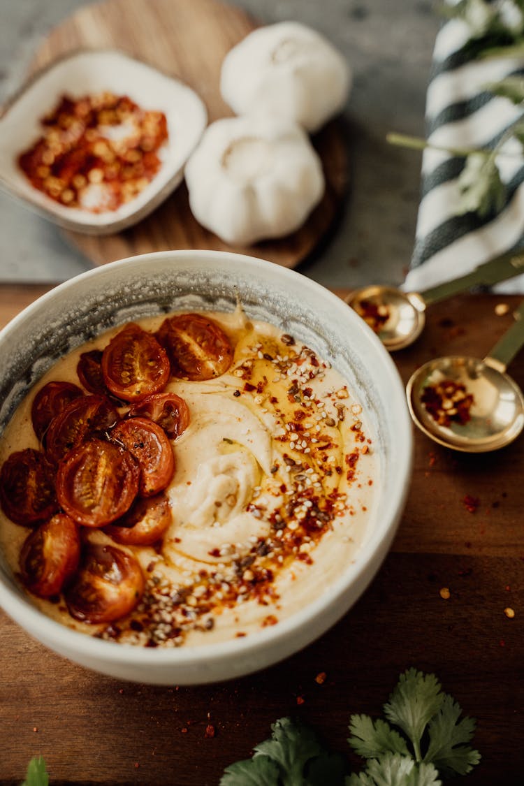 Close-Up Shot Of A Hummus In A Bowl