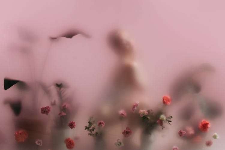 A Person And Flowers Behind A Translucent Glass