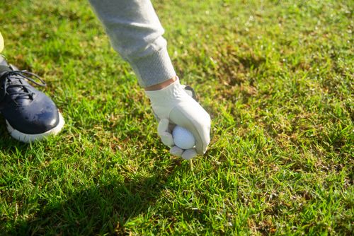 Free Close-up of a golfer wearing gloves placing a ball on a tee on green grass. Perfect for sports content. Stock Photo