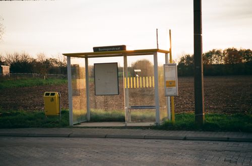 Free Empty bus stop with glass wall located at paved roadside on grassy terrain against sunset sky in countryside Stock Photo