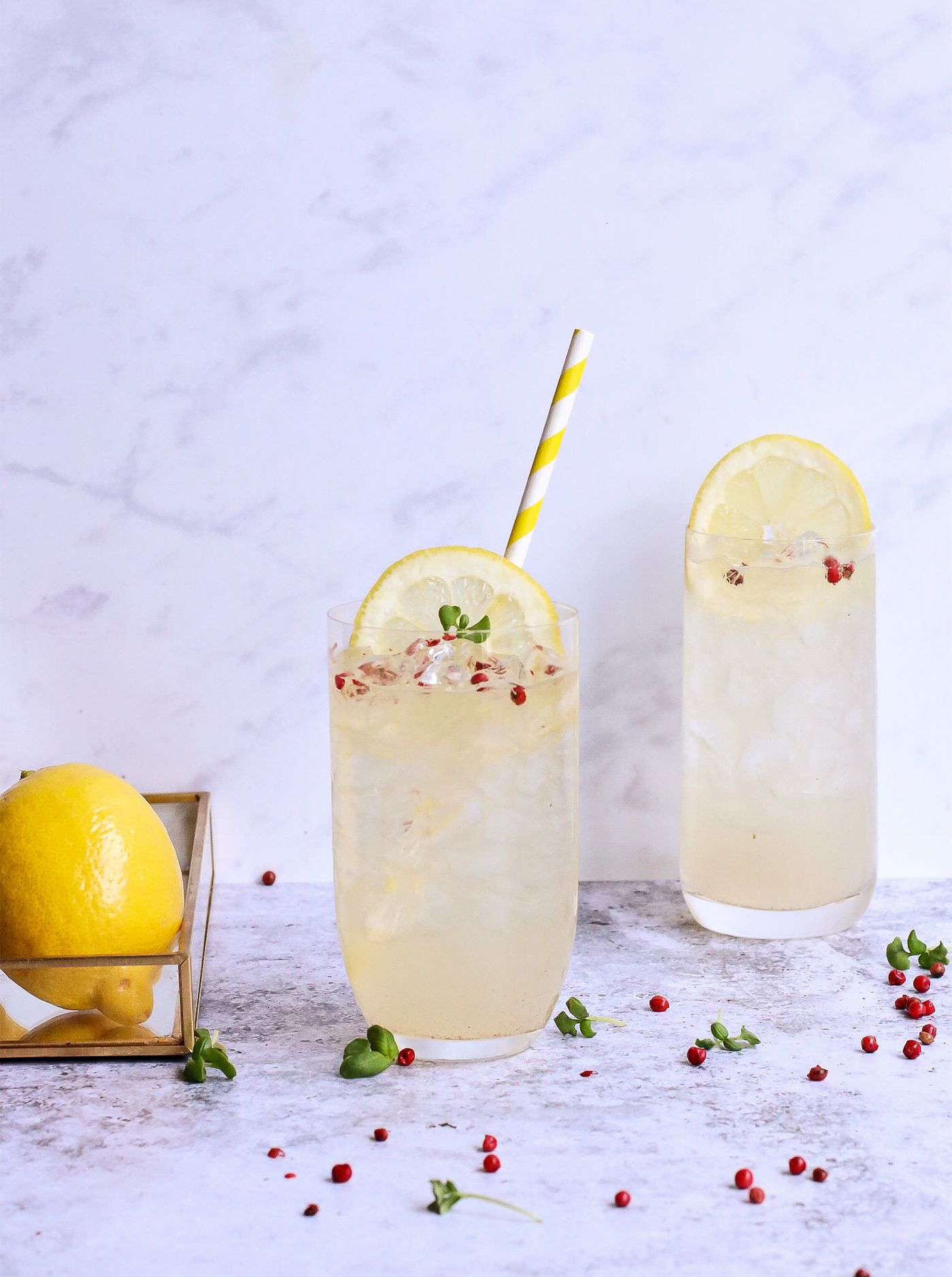 Two chilled non-alcoholic lemon drinks with ice, citrus slices and fresh garnish