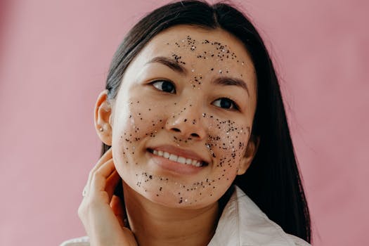 Close-up of a smiling Asian woman with a glitter face mask on a pink background, promoting beauty and wellness.
