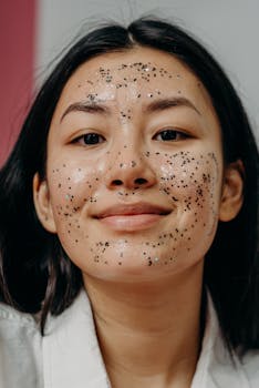 Close-up portrait of a young woman with a glittery facial mask, smiling and happy.