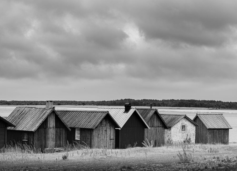 A serene black and white view of traditional wooden houses on Fårö island, Sweden.