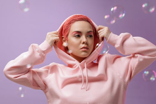 Stylish woman with colored hair in a pink hoodie poses against a violet background surrounded by soap bubbles.