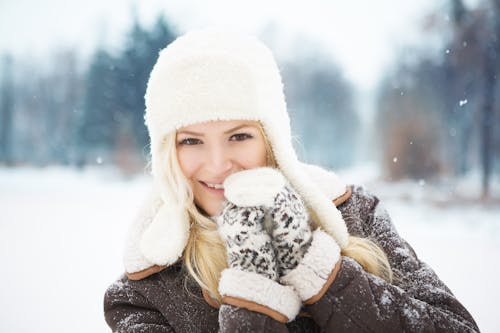 Woman in Brown Jacket Wearing White Beanie Hat