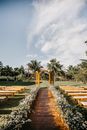 Picturesque view of elegant weeding arch and benches for guests arranged in green park for wedding ceremony on sunny summer day