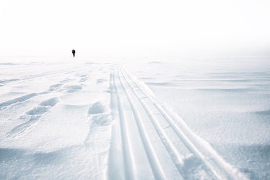 A lone person walks across a vast snow-covered field with tracks in the foreground.