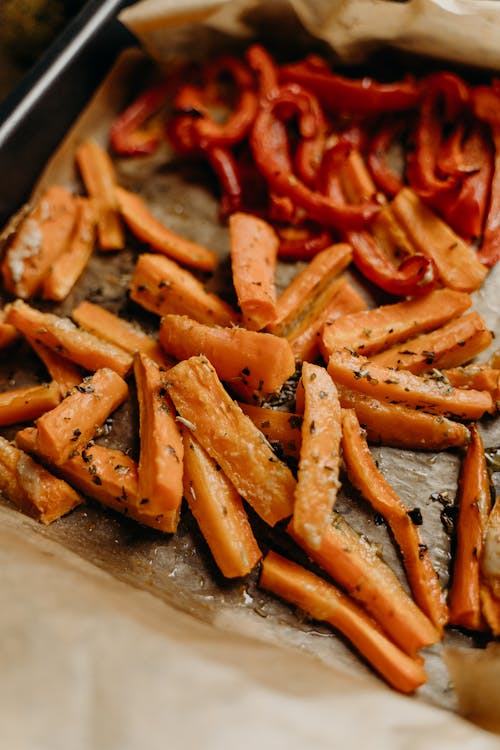 Baked Carrots and Bell Pepper on Baking Sheet