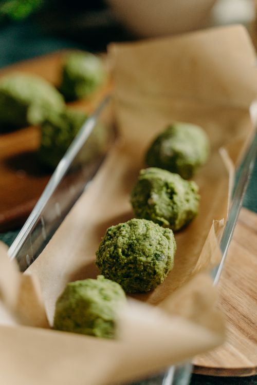 Free Close-up of freshly made vegetarian matcha balls, perfect for a healthy snack. Stock Photo