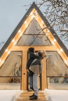Loving couple embracing in front of a cozy A-frame cabin during winter.