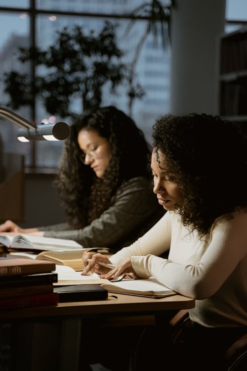 Free Women Reading Books in a Library Stock Photo