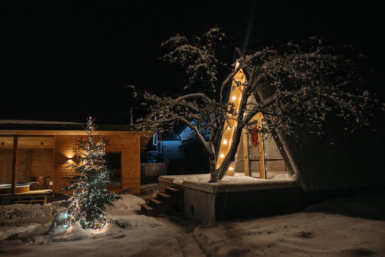 A Wooden Cabin At Night