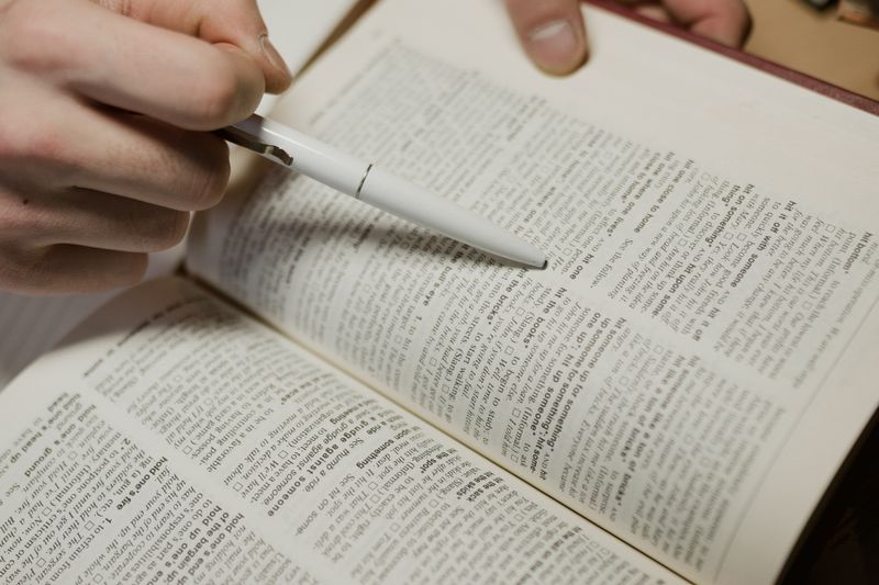Close-up of a pen pointing to a specific entry in an open dictionary