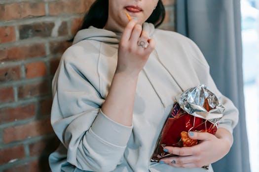 Crop plump female in casual hoodie enjoying crispy baked breads and licking lips against brick wall