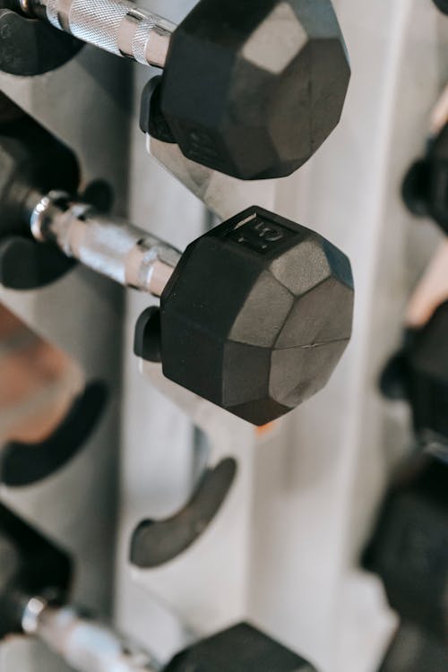 Fragment of metal rack with abundance of black steel dumbbells placed in modern fitness center during workout on blurred background