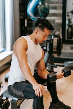 Focused man lifting a dumbbell indoors, showcasing strength and fitness.