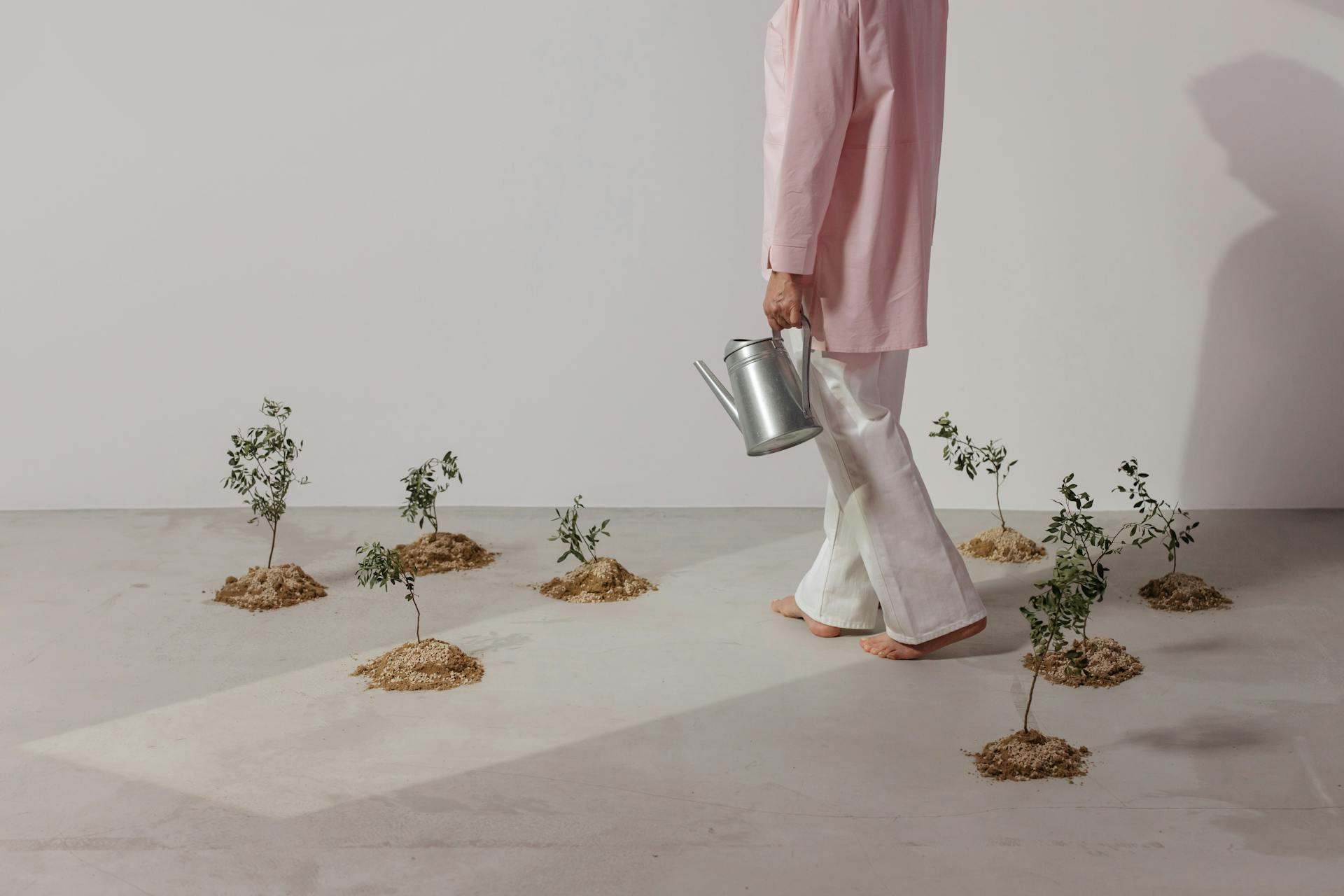 A person in pink sleeves waters small plants indoors, showcasing growth and sustainability.
