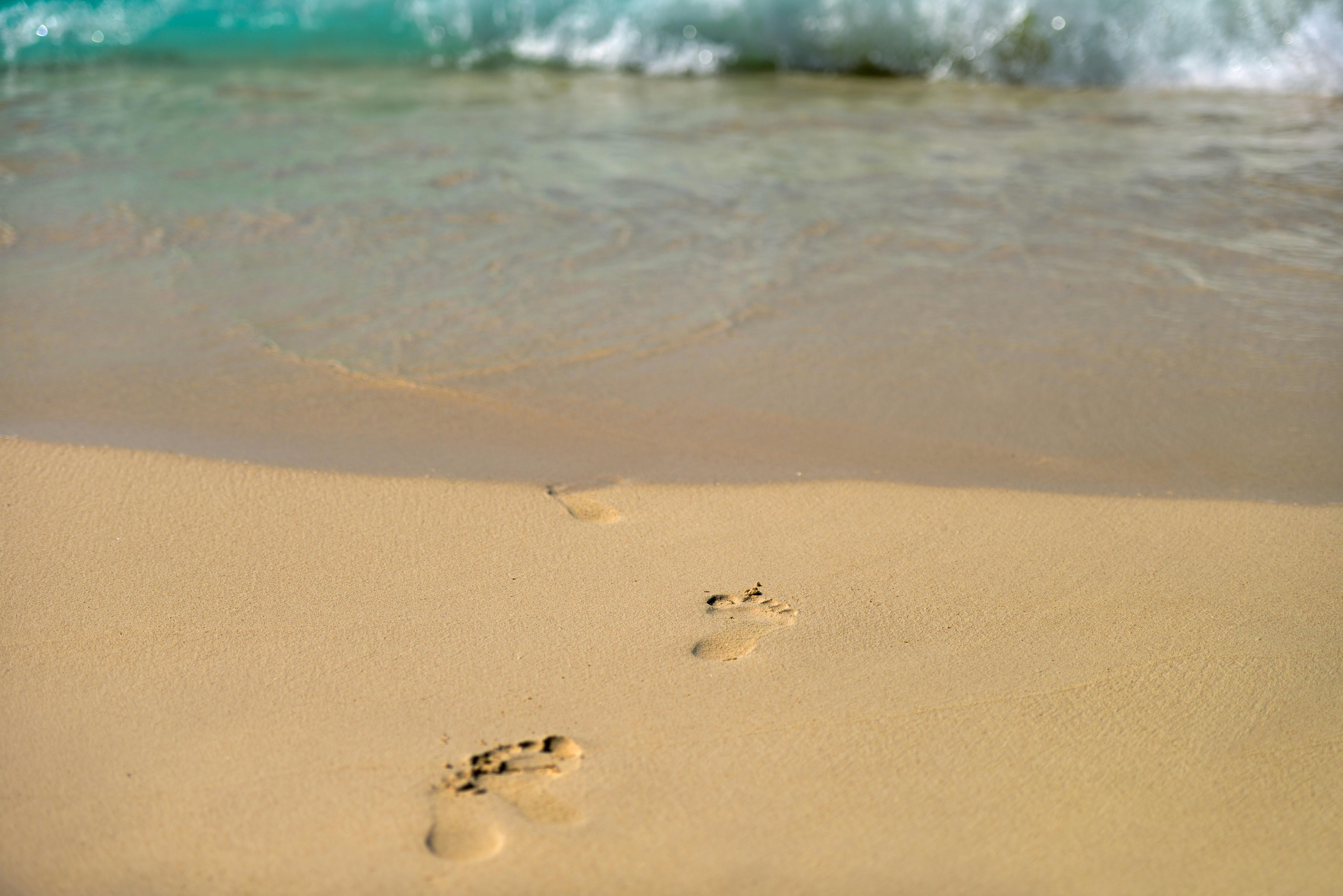 brown seashore with three footprints free stock photo custom color
