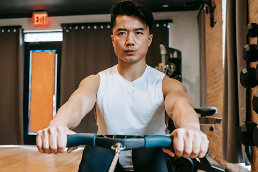 Young Asian man performing a rowing workout in a gym, concentrating on fitness and endurance.
