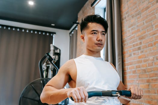 Focused young man working out on rowing machine in a modern gym setting.