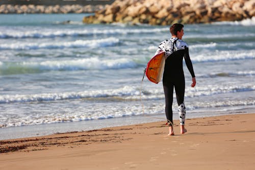 Free Surfer on Beach Stock Photo