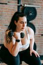 Concentrated woman in sportswear sitting on bench and lifting dumbbell during weight loss workout in gym with fitness equipment
