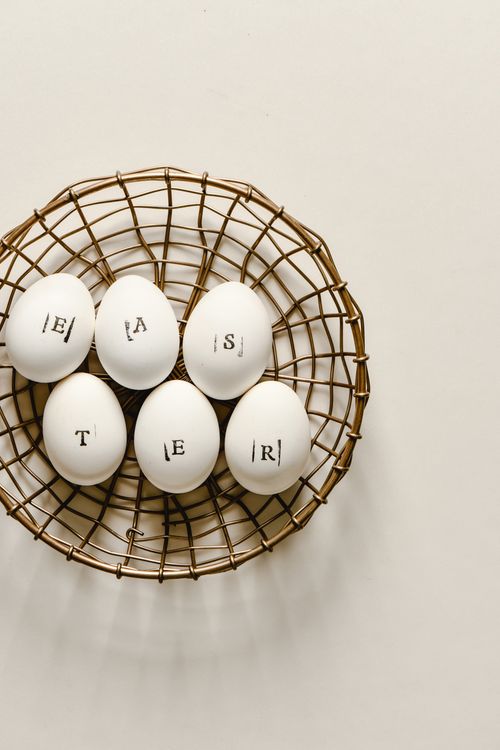 Free Elegant Easter eggs in a wire basket, perfect for festive decor inspiration. Stock Photo