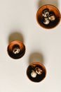 Six Round Brown Wooden Bowls
