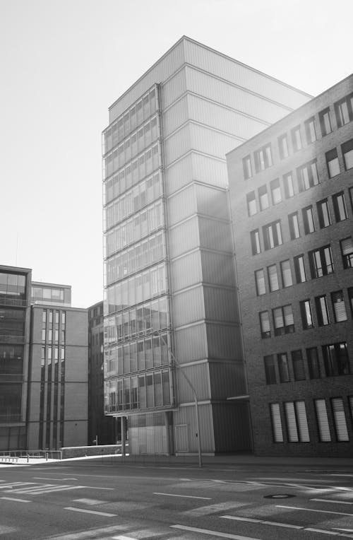 A Grayscale Photo of a Building with Glass Windows