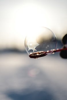 Close-up of a frozen soap bubble reflecting winter sunlight.