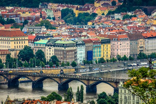 布拉格色彩缤纷的历史建筑与伏尔塔瓦河上标志性桥梁的生动景色交相辉映