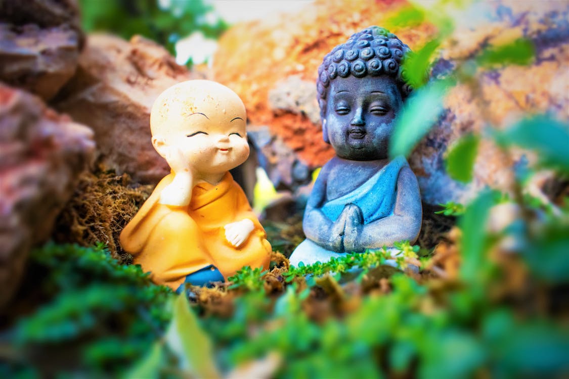 Close-up of a Monk and Buddha Figurines in a Garden · Free Stock Photo