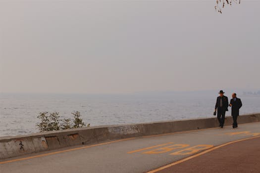 两名西装男子沿着海边步道在朦胧的天空下漫步