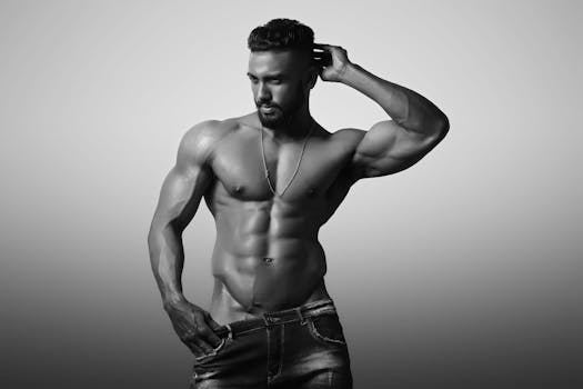 Black and white photo of a shirtless male model showcasing a muscular physique, flexing and posing confidently.