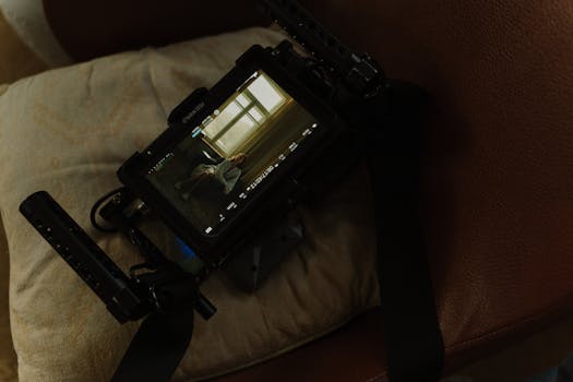 Camera screen displays a woman indoors, showing a cinematic scene.