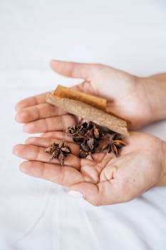 Close-up of cinnamon stick and star anise spices held in human hands, perfect for culinary themes.