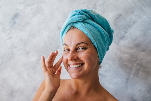 Happy woman with towel on head applies moisturizer, showcasing skincare routine.