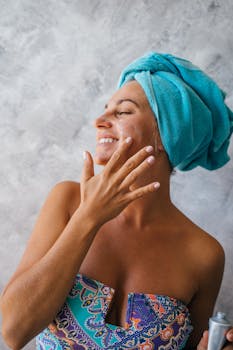 Smiling woman with towel and cream enjoying her skincare routine.