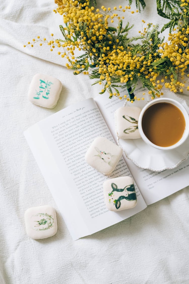 Macarons With Easter Design And A Cup Of Coffee