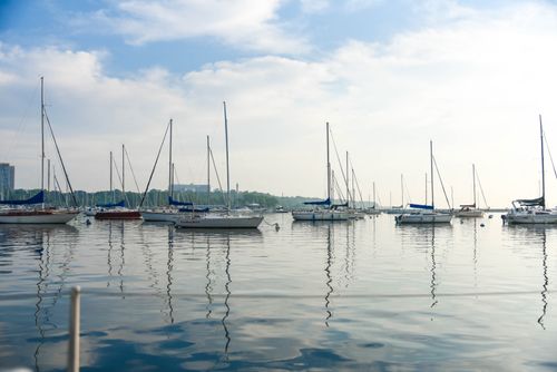 Free Capture of sailboats docked in a calm marina with clear reflections on the water. Stock Photo