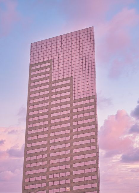 Low angle facade on modern minimalist skyscraper with glass mirrored windows under picturesque cloudy pink sunset sky
