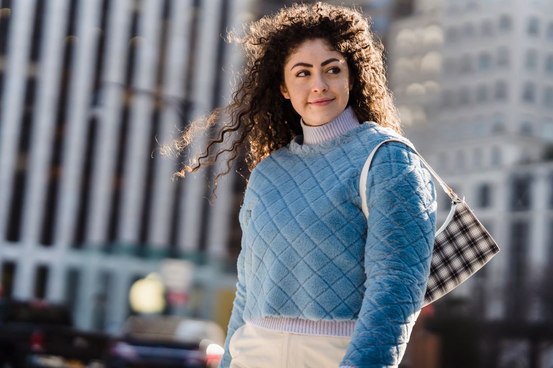 Slate blue sweater with sneakers for errands