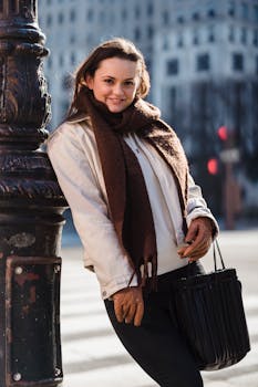 Young content female in brown long scarf smiling and looking at camera while leaning on iron vintage post on street