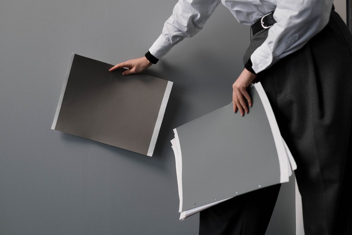 A designer reviewing colour and material samples for a brand identity project