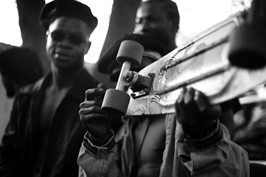 Black and white of unrecognizable African American male skateboarder with longboard near crop masculine friends