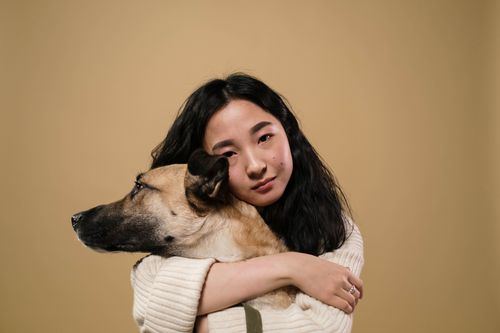 Free An adult woman lovingly hugs her dog, showcasing companionship. Stock Photo