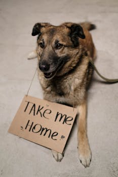 A cute dog lying down with a 'Take Me Home' adoption sign, ready to find a loving family.