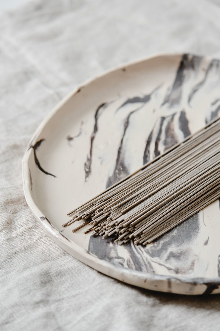 Raw Soba Noodles On Plate